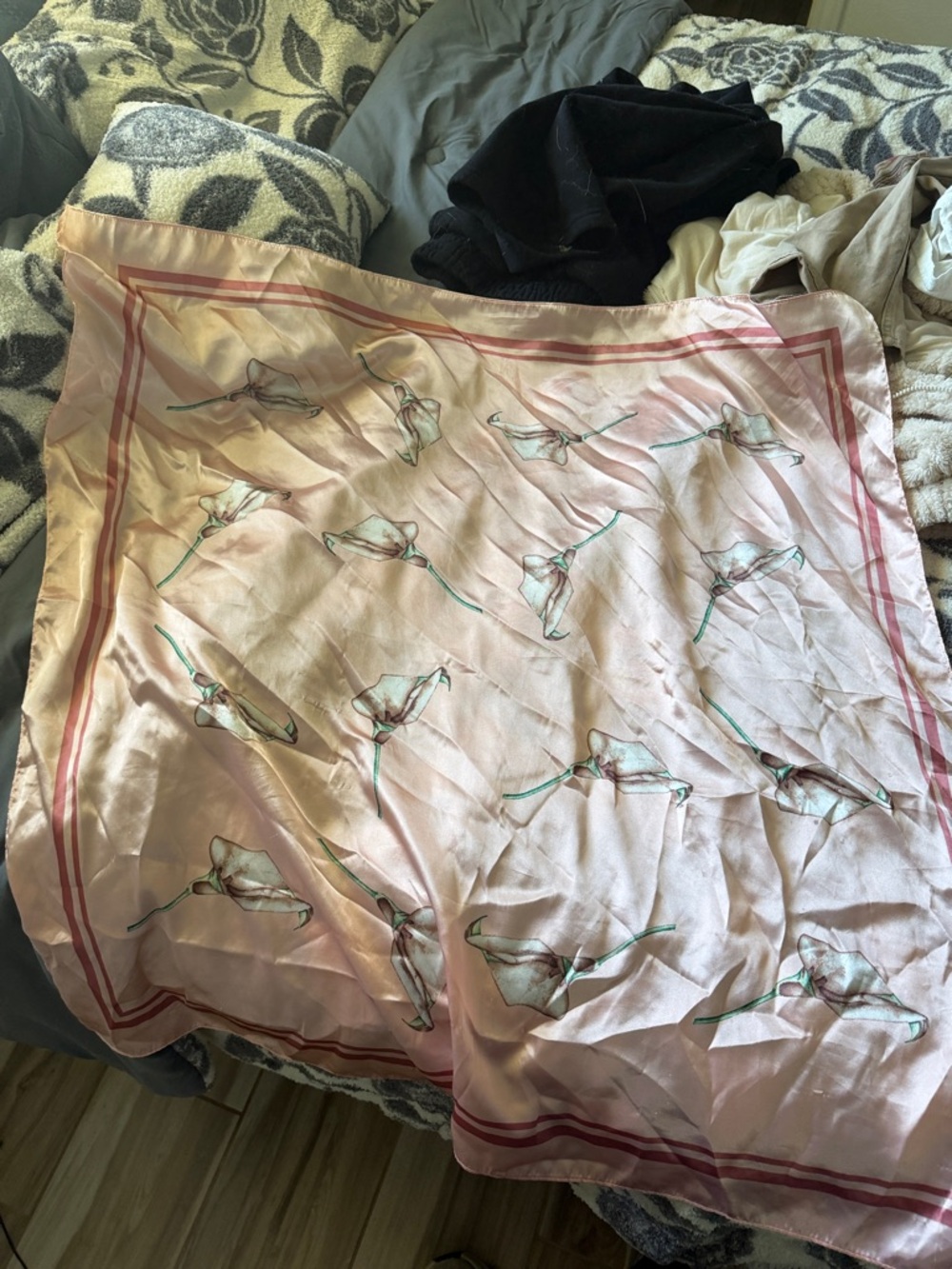Light Pink Floral Silk Scarf with Teal Accents